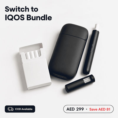 IQOS bundle: black device, two charging sticks, and white holder