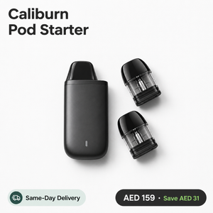 Uwell Caliburn pod starter kit with black vaping device and two refill pods
