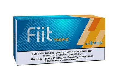 IQOS Heets Fiit Tropic heat sticks box, blue with orange accents and 'Fiit' logo